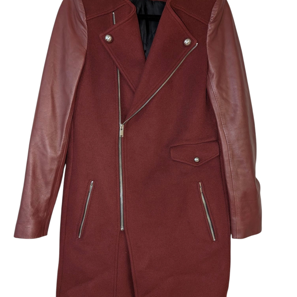 Burgundy Coat with Leather Sleeves